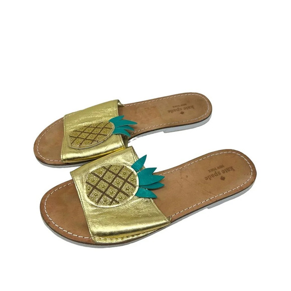 Kate Spade Ibis Embroidered Pineapple Slide Sandals In Gold Size US 9 - Picture 3 of 7